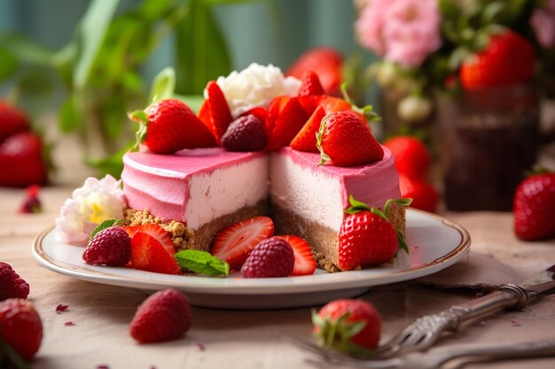 Berry enchantment closeup of strawberry cheesecake with fresh red fruits