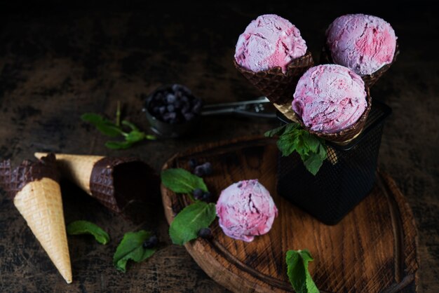 Berry ice cream in a waffle cone