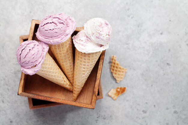 Berry ice cream in waffle cones