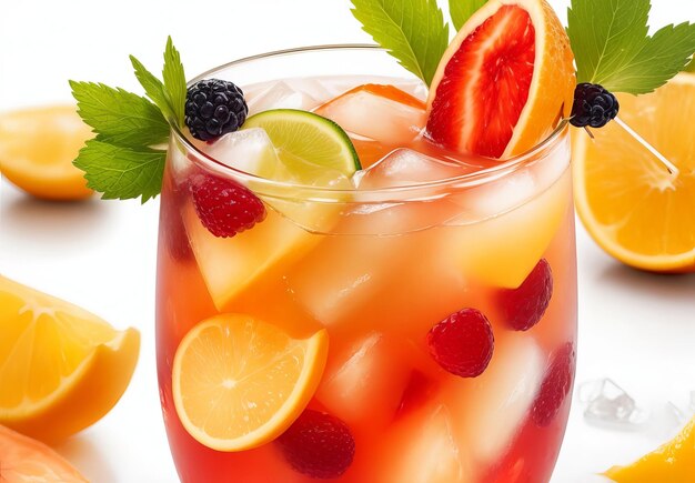 Berry lemonade cocktail with tropical fruits on the background of green grass and garden or forest