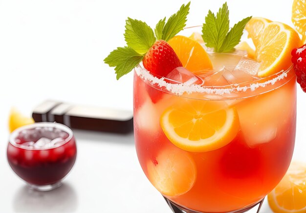 Photo berry lemonade cocktail with tropical fruits on the background of green grass and garden or forest