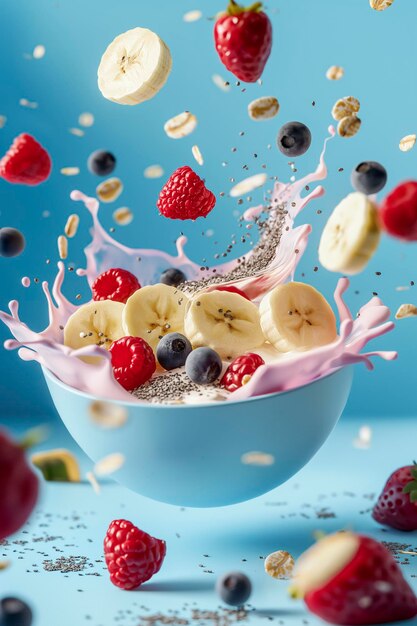 Berry milkshake made of bananas raspberries strawberries and blueberries floating in the air