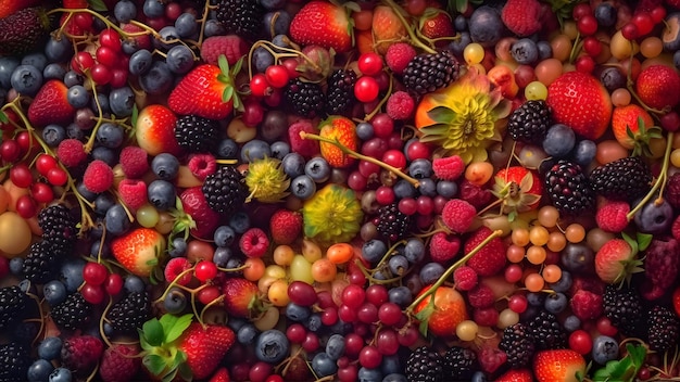 Berry mix photorealistic colorful fullframe closeup high angle view background neural network generated image