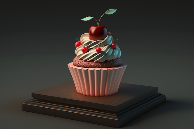 Berry muffin cupcake op een podium op donkere achtergrond illustratie Generatieve AI