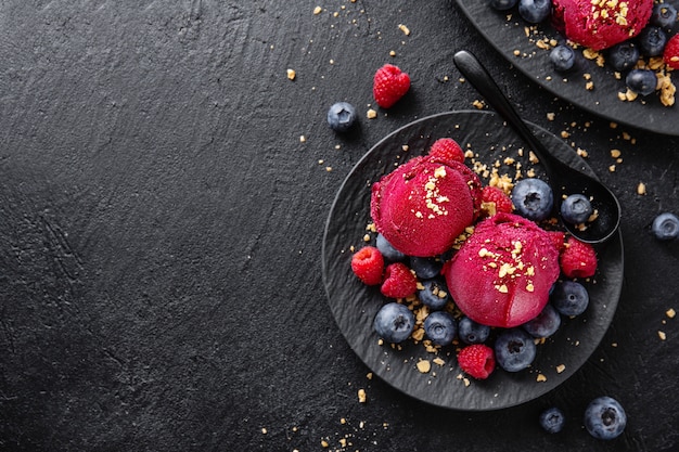 Berry refreshing ice cream scoops on plate