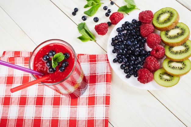 Berry smoothie.Fresh summer cocktail.Blueberry,raspberry,kiwi.Vitamin A. Vitamin C.