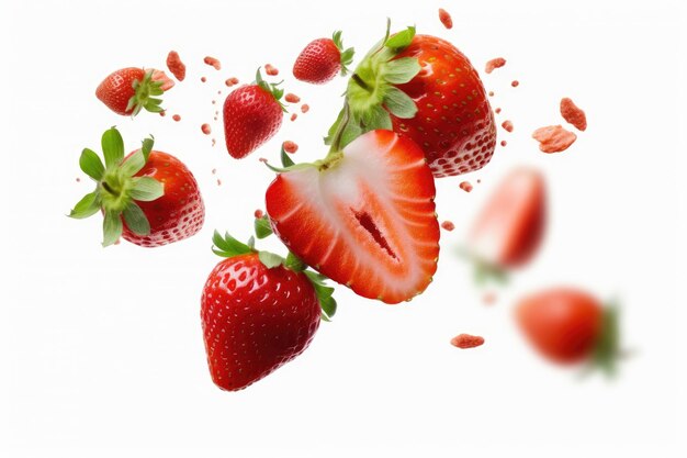 Berry Splash Captivating Levitation with Juicy Strawberries isolated on white background