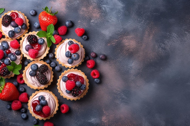 berry tartalets with cream above with copy space