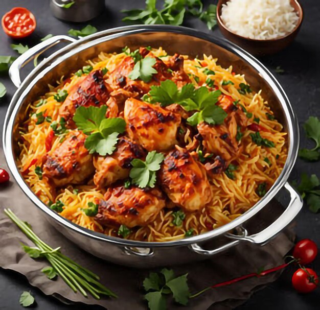 Photo beryani with chicken with chicken beryani chicken and vegetables on