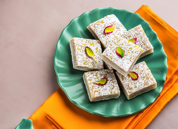 Besan burfi or Mohanthal roasted barfi an Indian sweet with flower Rangoli