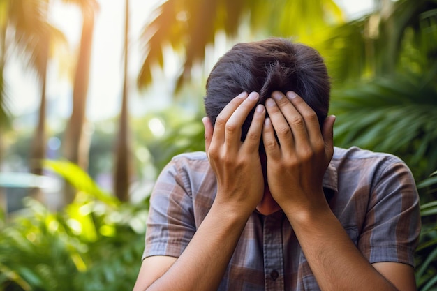 Beschaamde man bedekt zijn gezicht met zijn handen die Ai heeft gegenereerd