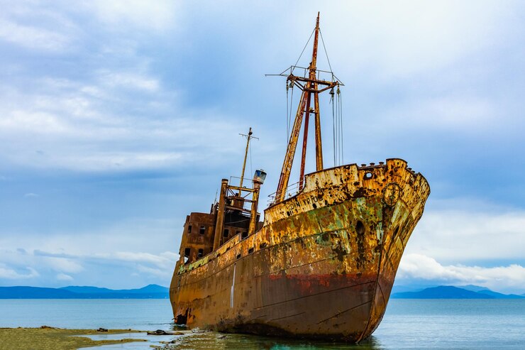 Foto beschadigd schip op zee tegen de lucht