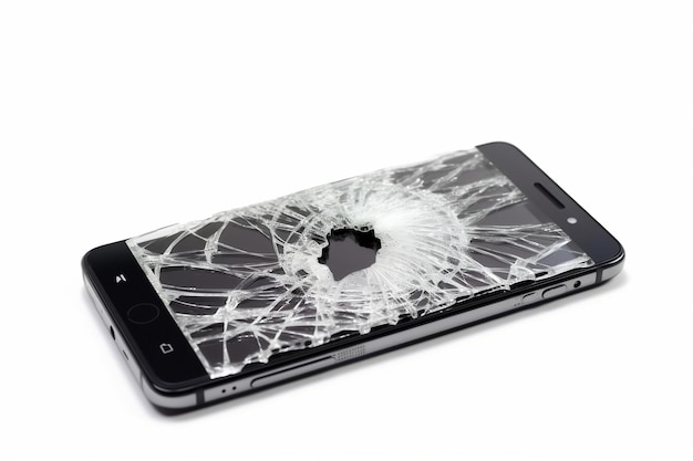 Beschadigde smartphone met gebroken glazen display geïsoleerd op transparante achtergrond AI