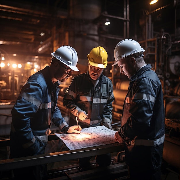 Beschermde werknemers in de industrie met veiligheidshelmen