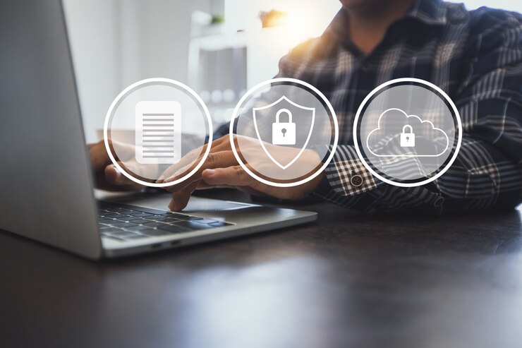 Bescherming netwerkbeveiliging computergegevens en veilige financiële stabiliteit Zakenman dringend en sleutelwoord beschermen om digitale zakelijke financiële bank en hoge privétechnologie op computer te beschermen protect