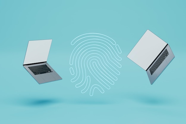 Bescherming tegen ongeautoriseerde login-laptops en een biometrische vingerafdruk op een turquoise achtergrond 3D renderen