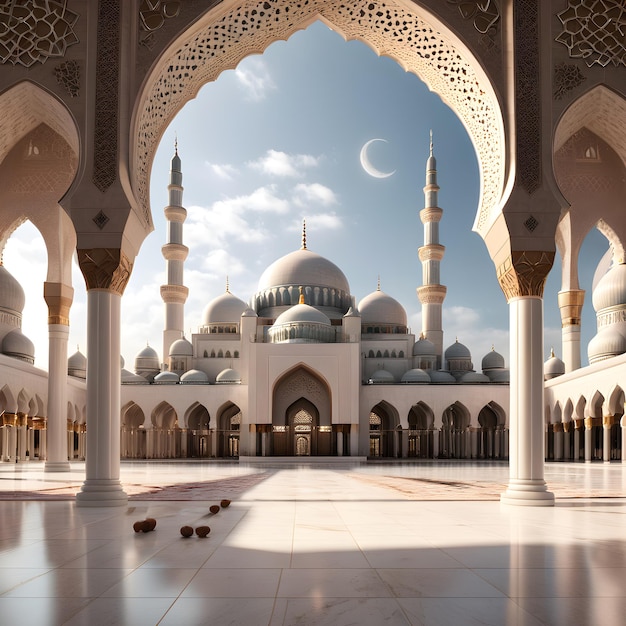 Beschrijf de betoverende architectuur van een moskee tijdens de Ramadan
