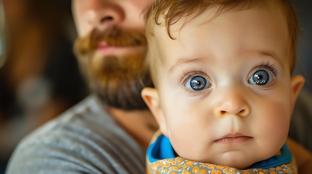Beschrijving Een vader en zijn baby zitten op een bank en de baby kijkt met grote blauwe ogen naar de camera.