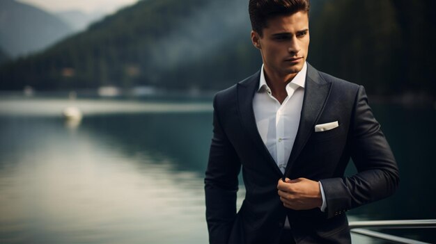 Beside a shimmering lake a handsomely dressed young man in a traditional suit buttons up his jacket with a luxurious yacht in the backdrop