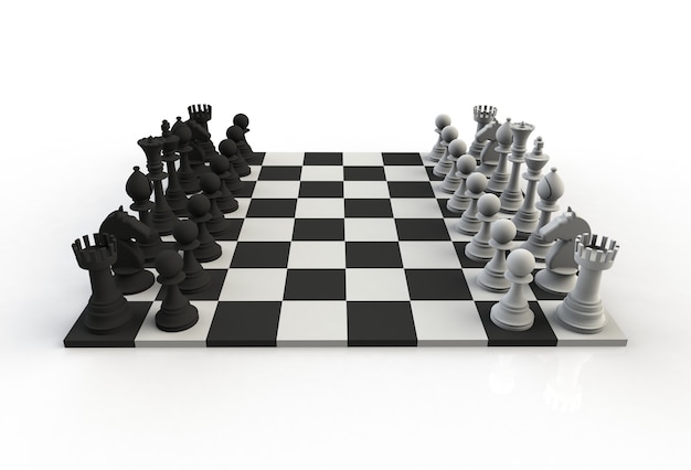 Beside view of chess figures on the playing board on white background, 3D rendering