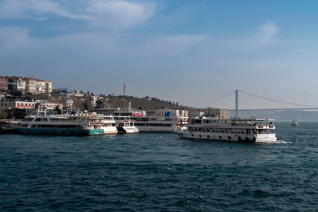 Besiktas pier on the European shore of the Bosphorus Strait on a sunny day Istanbul Turkey