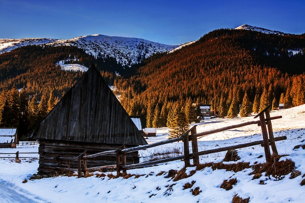 Besneeuwd berglandschap met houten huisschuilplaats