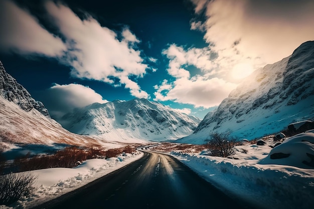 Besneeuwd berglandschap met weg