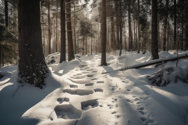 Besneeuwd bos met voetafdrukken die de weg wijzen, gemaakt met generatieve AI