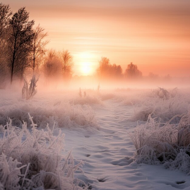 besneeuwd veld met een pad erdoorheen bij zonsondergang generatieve ai