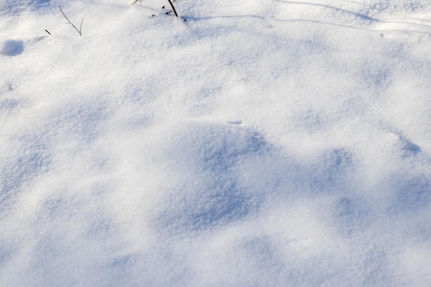 Besneeuwde achtergrond, besneeuwd oppervlak met een duidelijk uitgedrukte textuur van sneeuw in de ochtendzon