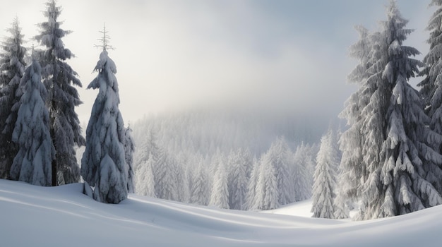 Besneeuwde bomen in de bergen met een besneeuwde achtergrond