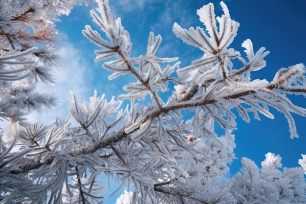 Besneeuwde dennenboomtakken tegen blauwe lucht gemaakt met generatieve ai