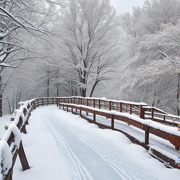 Besneeuwde houten brug op een winterdag gegenereerd door AI