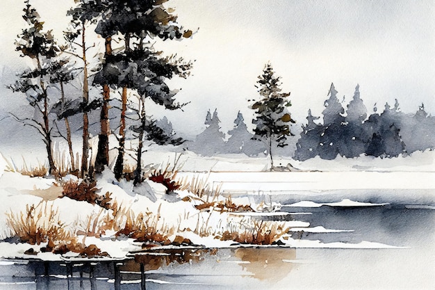 Besneeuwde Lake aquarel