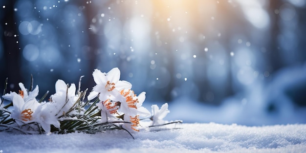 Besneeuwde narcissen in het winterbos Natuurachtergrond