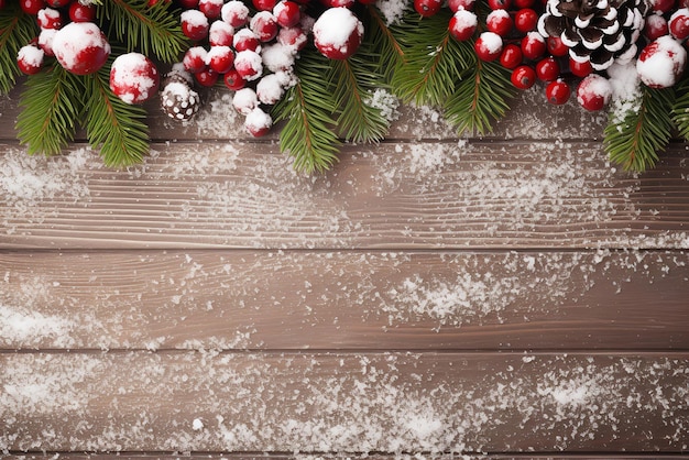 besneeuwde pijnboomtakken en bessen met sneeuw op een houten generatieve ai als achtergrond