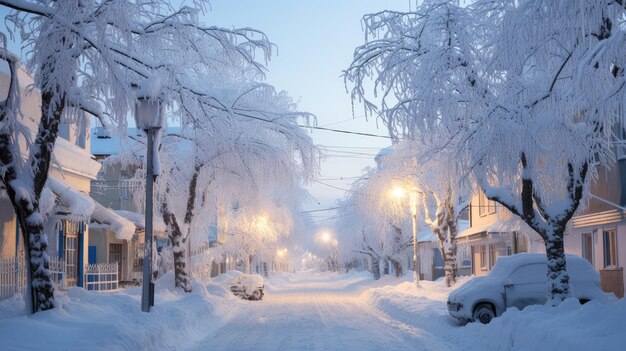 Foto besneeuwde stadsstraat tijdens een zware sneeuwval