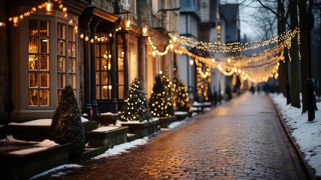 Besneeuwde straat met fonkelende kerstverlichting