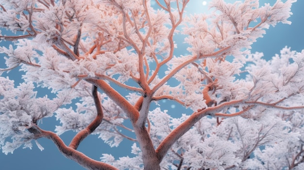 Besneeuwde takken van een boom tegen een effen gekleurde achtergrond AI gegenereerd