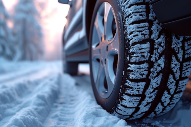 Besneeuwde wegreis autobanden bedekt met sneeuw in de winter