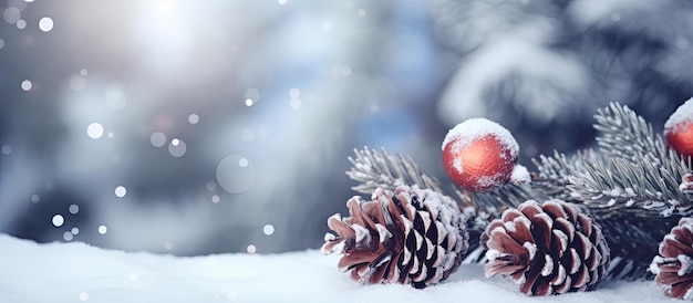 Besneeuwde winter Kerstboomtakken met kegels omgeven door onscherpe lichten en onscherpe achtergrond Ruime banner met ruimte voor tekst Nadruk op kegels