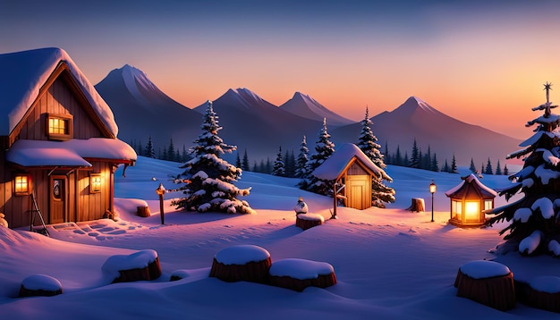 Besneeuwde winterlandschap en huizen met kerstbomen Kerstmis winter koud weer winter