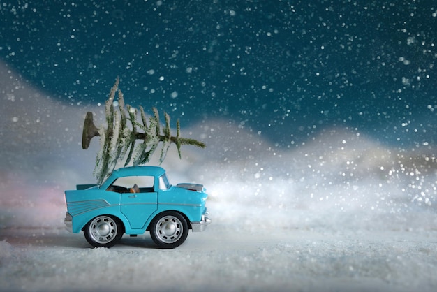 Besneeuwde winternatuur met een auto met een kerstboom