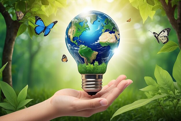 Bespaar energie Aarde Hand met gloeilamp Natuur achtergrond Eco Concept