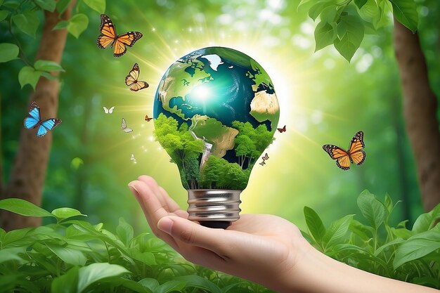 Bespaar energie Aarde Hand met gloeilamp Natuur achtergrond Eco Concept