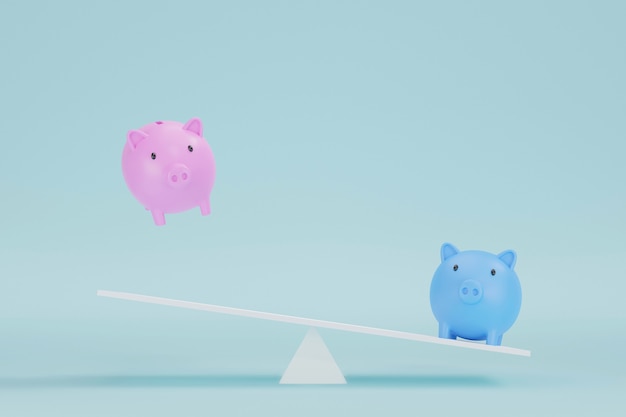 Bespaar geld en investeringsconcept. spaarvarken roze en blauw op wipschaal. 3d illustratie