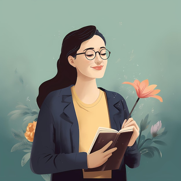 A bespectacled female teacher with a book and flowersreading girlwoman