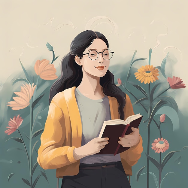 A bespectacled female teacher with a book and flowersreading girlwoman