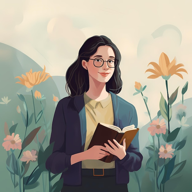 A bespectacled female teacher with a book and flowersreading girlwoman