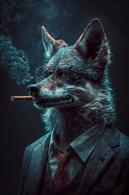 bespectacled wolf wearing a suit on a dark background, creative ai